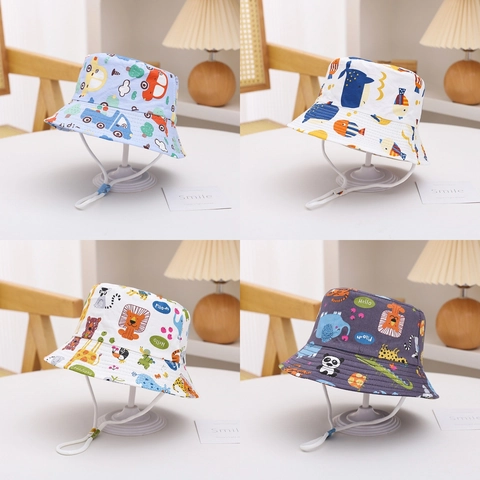 Kids Bucket Hat Cotton Blend Sun Protection Adjustable Windproof Drawstring Cartoon Animal Print Toddler Boys Girls