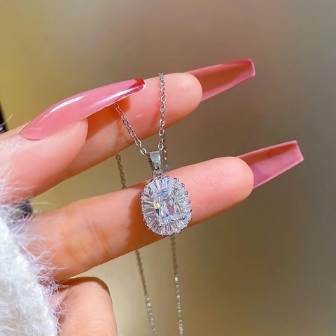 Emerald Cut Zircon Pendant Necklace Titanium Steel Chain Geometric Radiant Halo For Women Elegant Jewelry Gift