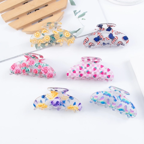 Haarklemmen Acryl Grote Haarklemmen Transparant Bloem Vlinder Aardbei Citroen Print Antislip Haaraccessoires Voor Dames