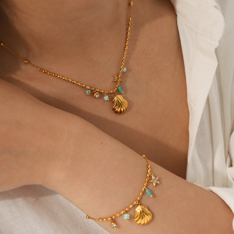 Collar Con Colgante De Estrella De Concha Marina De Acero Inoxidable Joyería Para Mujer Estilo De Playa De Vacaciones Cuentas Turquesa