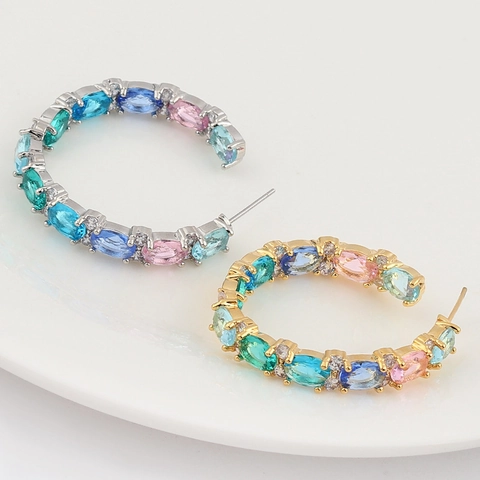 Orecchini A Cerchio A Forma Di C Con Zirconi Colorati E Perno In Argento Sterling 925 Rame Placcato Oro