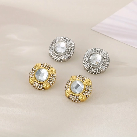 Pendientes De Botón Redondos Ovalados Vintage Acero Inoxidable Bañado En Oro 18K Con Diamantes De Imitación Y Perla Artificial