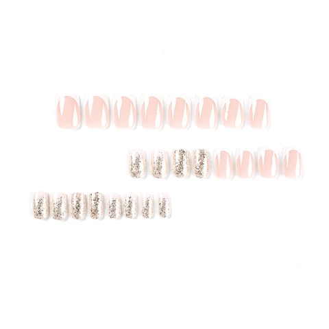 Press On Nägel Französische Spitze Rosa Jelly Kurz Quadratisch Mit Silbernem Glitzer Und Kleber DIY Maniküre Für Frauen