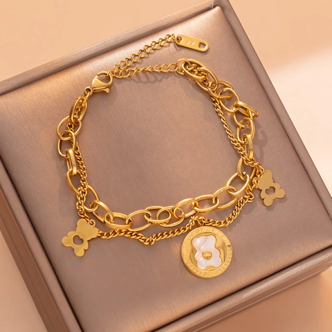 Double Layer Titanium Steel Bear Bracelet For Women Gold Plated Chunky Chain Mother Of Pearl Animal Pendant Jewelry