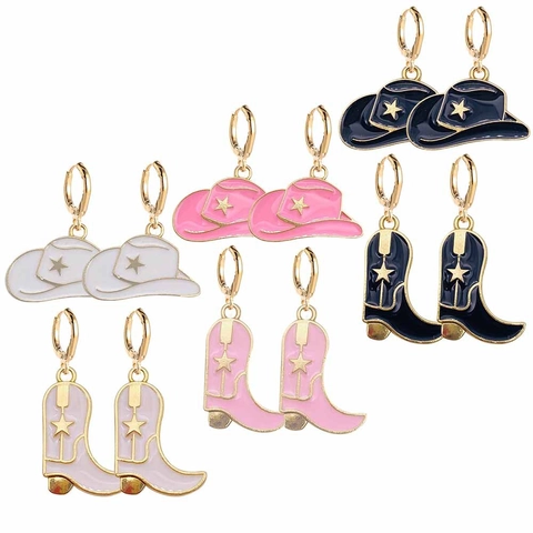 Vintage Western Cowboy Boots Hat Enamel Dangle Earrings For Women Gold Tone Star Alloy Drop Earrings Fashion Jewelry