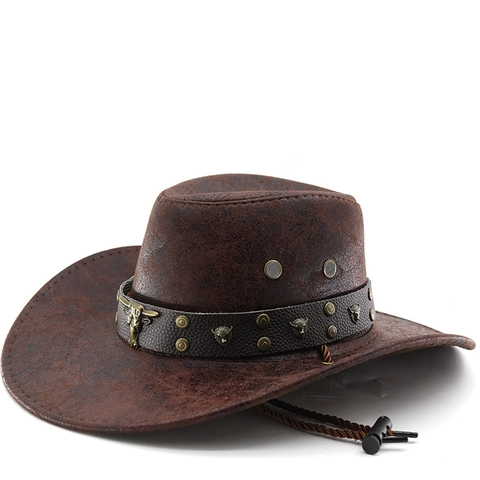 Cappello Da Cowboy Western Americano Vintage Ecopelle Tesa Larga Rivetto Testa Di Toro Arredamento Viaggio All'aperto