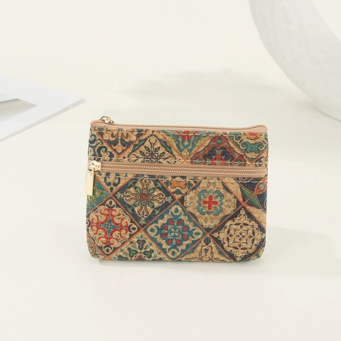 Coin Purse Natural Cork Small Storage Bag Double Zipper Eco Friendly Ethnic Print Wallet For Keys Cards Earphones