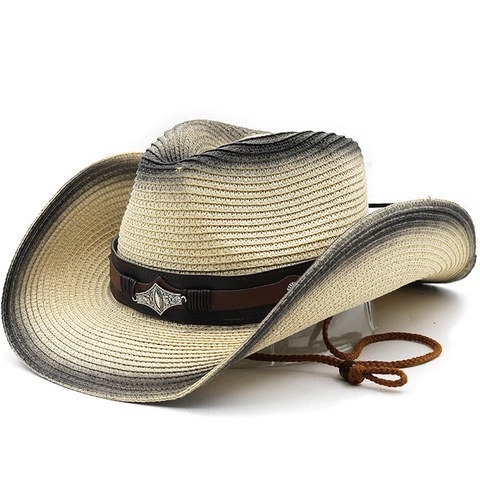 Western Cowboy Straw Hat Paper Gradient Color Wide Brim Sun Protection Beach Travel With Wind Rope Metal Decor Vintage
