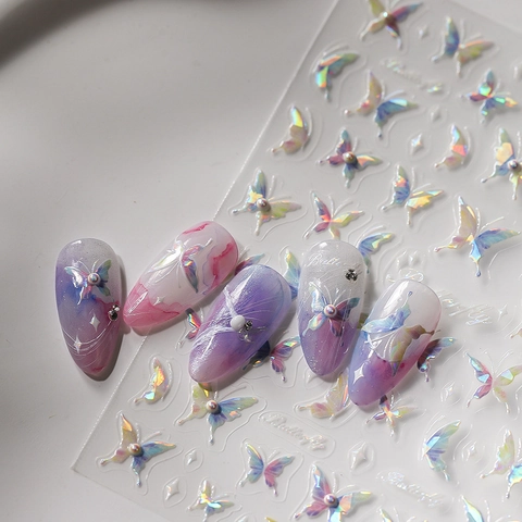 Embossed Nail Art Stickers Holographic Laser Butterfly Tulip Designs Iridescent Self Adhesive Relief Manicure Decoration