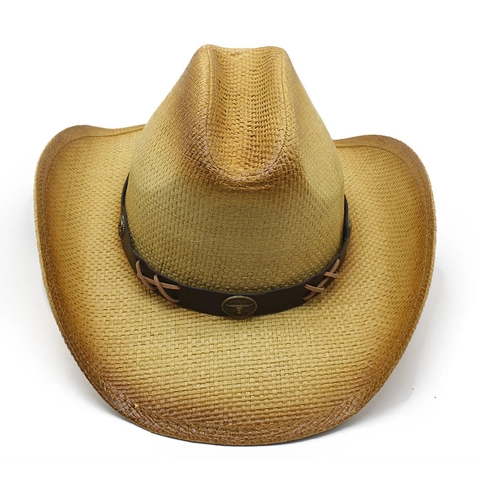 Westerse Cowboyhoed Van Papierstro Met Brede Rand En Bull Head Concho Vintage Zonbescherming Voor Heren En Dames