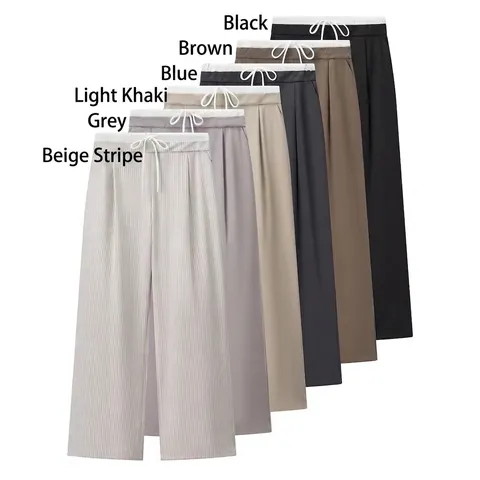 Women High Waist Wide Leg Pants Woven Polyester Casual Loose Trousers Chic Double Layer Waist Drawstring Elegant