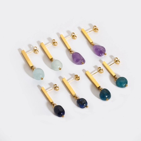 Natural Stone Drop Earrings 18K Gold Plated Stainless Steel Geometric Bar Dangle Minimalist Jewelry For Women