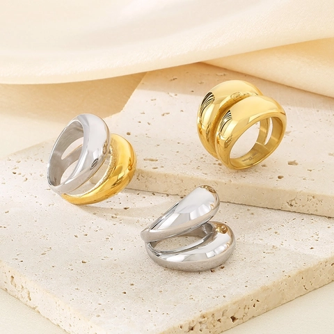 Minimalist Stainless Steel Double Row Band Ring For Women 18K Gold Plated Mirror Polished Chunky Dome Ring Fashion Statement Jewelry