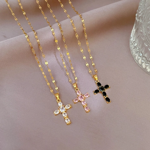 Elegant Titanium Steel Cross Pendant Necklace For Women Gold Plated Copper Micro-set Rhinestone Chain Fashion Jewelry Gift