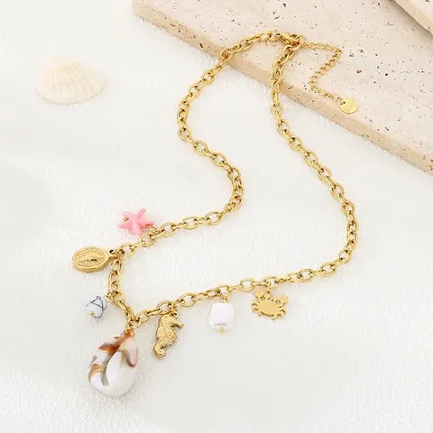 Collar Con Múltiples Colgantes De Vida Marina Bohemio Acero Inoxidable Concha Natural Caballito De Mar Cangrejo Estrella De Mar Joyas De Playa Mujer