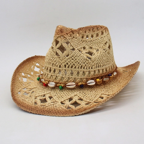 Hollow Out Straw Cowboy Hat With Shell And Colorful Beads Decor Breathable Sunshade Beach Vacation Hat Western Style