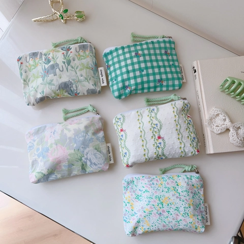 Mini Coin Purse Cotton Fabric Floral Elephant Plaid Print Zipper Storage Pouch Japanese Style Small Makeup Bag For Women