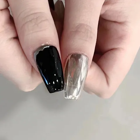 Handgemaakte Press On Nagels Lange Doodskist Donkere Spiegel Zwart Chroom Rijnsteen Boog Glitter Glanzend Luxe Punk Stijl Vrouwen