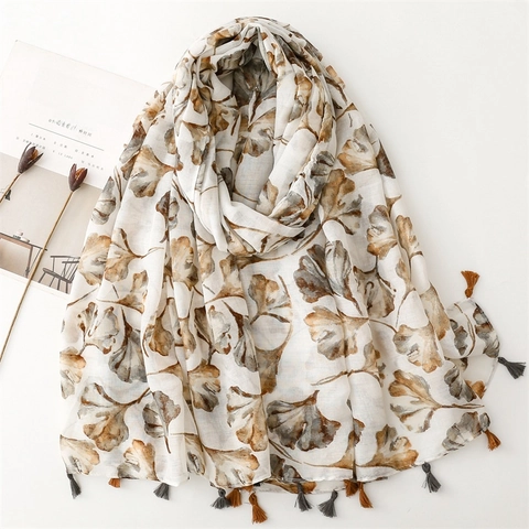 Sciarpa Con Stampa Foglie Di Ginkgo Elegante Scialle In Filato Di Bali Con Nappine Per Protezione Solare Donna Retro