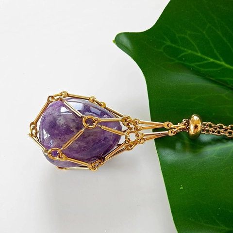 Mesh Cage Pendant Necklace Alloy Adjustable Bamboo Chain Interchangeable Crystal Stone Holder Vintage Boho Style Women
