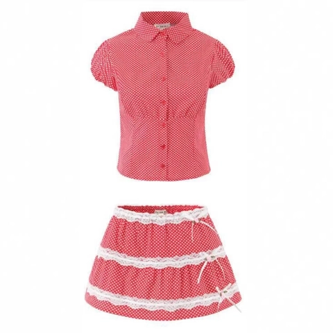 Polka Dot Polyester Cotton Lapel Shirt And Tiered Lace Skirt Vintage Bubble Sleeve Casual Apparel For Women