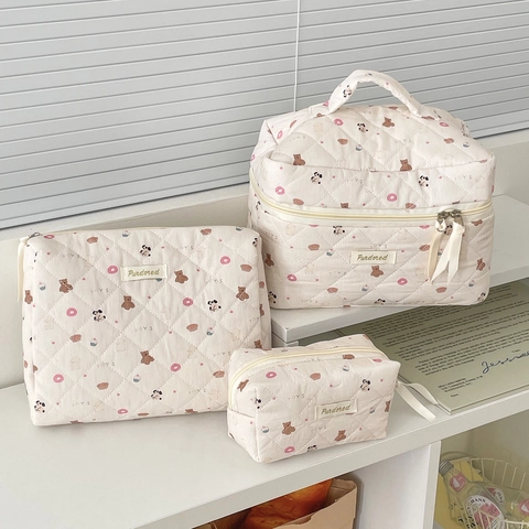 Borsa Trucco In Cotone Trapuntato Simpatico Orso Ciambella Stampa Grande Capacità Organizzatore Da Viaggio Pochette Portatile