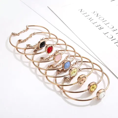 Elegant Stainless Steel Bangle For Women Square Cut Rhinestone Inlaid 18K Gold Plated Bangle Multicolor Stone Bracelet Jewelry