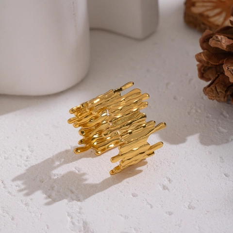 Stainless Steel Open Ring Abstract Geometric Lines Liquid Lava Texture Gold Plated Adjustable Jewelry For Women