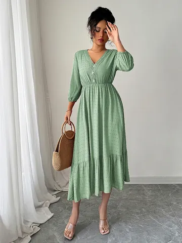 Vestito Midi A Pois Svizzeri Scollo A V Da Donna Maniche Lunghe Bottoni Orlo A Volanti Casual Vacanza Elegante