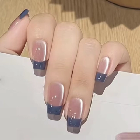 Unghie Finte Press On Francese Occhio Di Gatto Blu Scuro Quadrato Plastica ABS Manicure DIY Riutilizzabile Per Donne