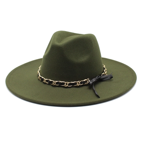 Wide Brim Fedora Hat Woolen Felt Metal Chain Band Bow Elegant Retro Jazz Hat For Women Autumn Winter