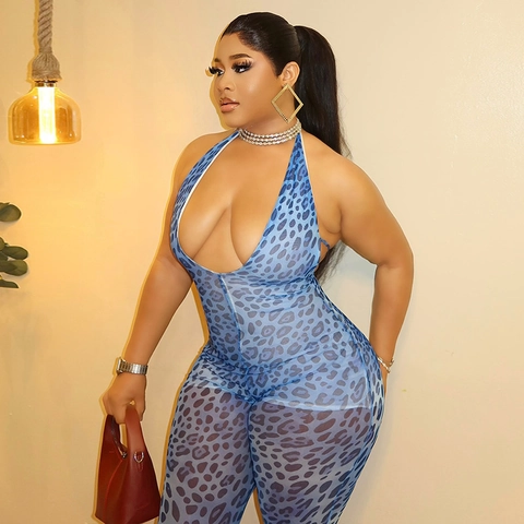 Halter Neck Deep V Leopard Print Mesh Jumpsuit Für Damen Rückenfrei Durchsichtig Sexy Bodycon Schlaghose Jumpsuit