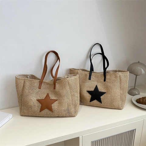 Dames Stro Geweven Tote Tas Sterrenpatroon Grote Capaciteit PU Leer Zomervakantie Casual Schoudertas