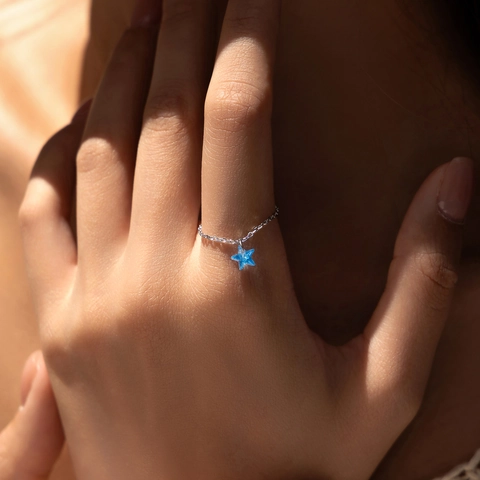 925 Sterling Silver Adjustable Soft Chain Ring With Blue Star Pendant Sliding Bead Korean Style Jewelry Gift For Women