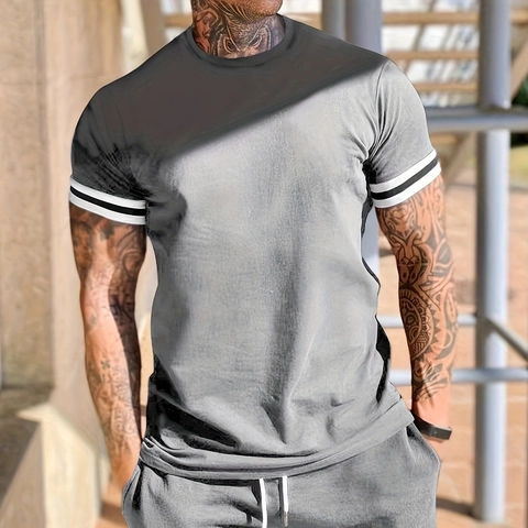 T-Shirt E Pantaloncini Da Uomo Estate Sport Casual Girocollo Maniche Corte Coulisse In Vita Dettaglio Righe