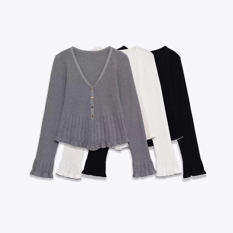 Women V Neck Ribbed Knit Cardigan Ruffled Hem Long Sleeve Button Front Polyester Spandex Slim Sweaters Top