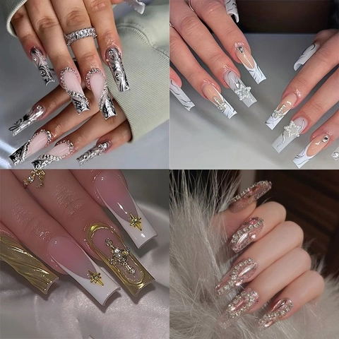 Press On Nails Long Coffin Square French Gothic Y2K Rhinestones Cross Star Metal Decor For Women Beauty