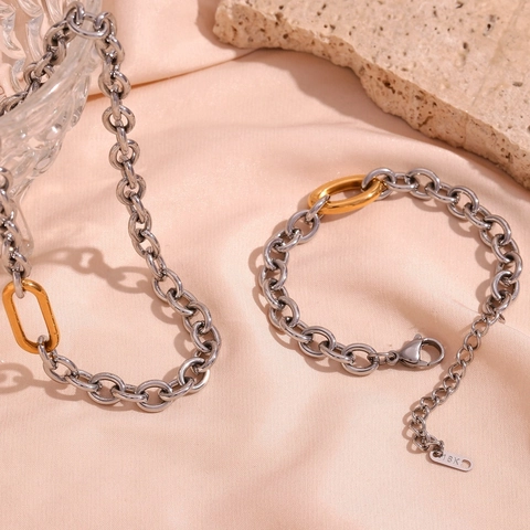 Collana Bracciale Catena O Grossa Bicolore Acciaio Inossidabile Placcato Oro 18K Maglia Graffetta Gioielli Industriali Donna