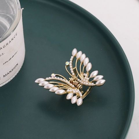 Pinza Para El Cabello De Mariposa Aleación Perla Artificial Diamantes De Imitación Tono Dorado Estilo Elegante