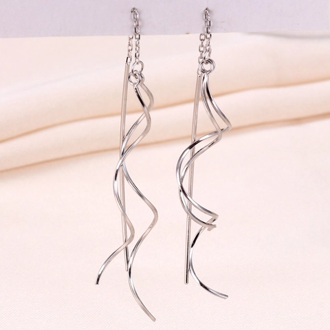 925 Sterling Silver Long Ear Threader Earrings Double Helix Spiral Wave Geometric Minimalist Jewelry For Women