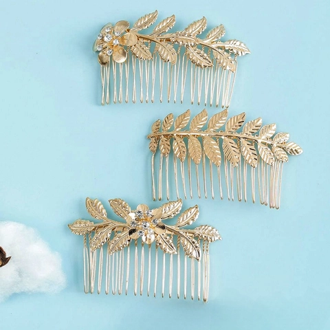 Peines Para El Cabello De Aleación De Oro Vintage Con Flores De Diamantes De Imitación Forma De Hoja Elegantes Para Mujeres