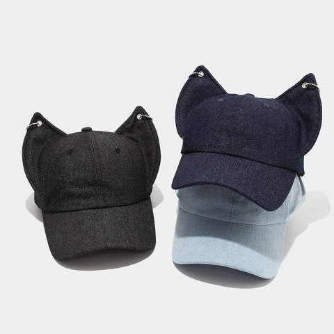 Y2K Cat Ears Baseball Cap Washed Denim Cotton Streetwear Adjustable Snapback Hat With Metal Rings For Men Women