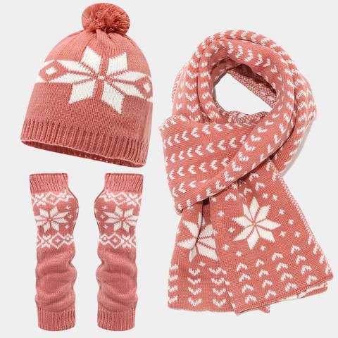 Winter Knit Beanie Hat Scarf And Fingerless Gloves Snowflake Pattern Jacquard Warm Outdoor Christmas For Women Men