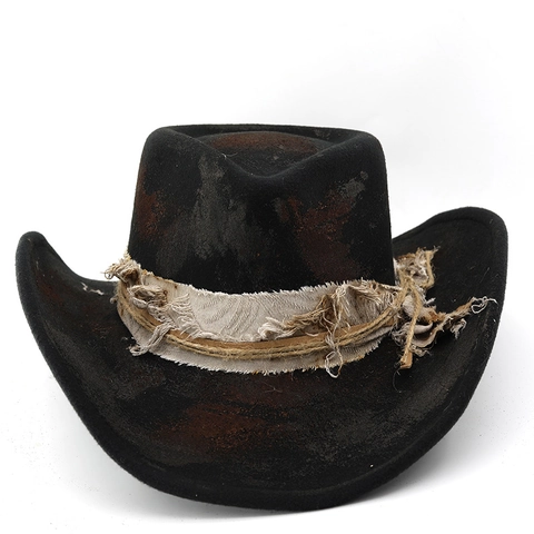 Vintage Western Cowboy Hoed Distressed Polyester Vilt Brede Rand Fedora Met Touw En Gerafelde Stoffen Band Outdoor