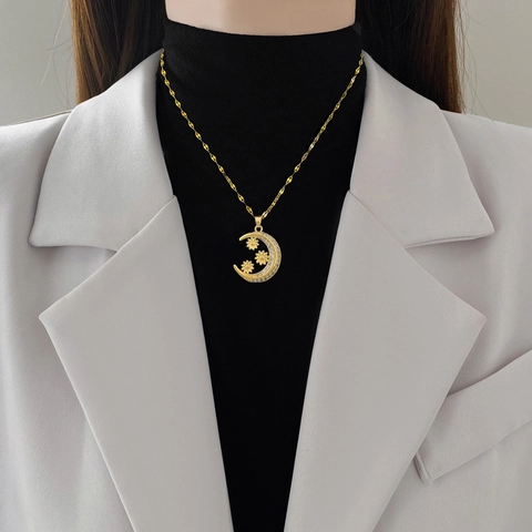 Crescent Moon Flower Pendant Necklace Titanium Steel Chain Copper Micro Inlaid Zircon Gold Elegant Jewelry For Women