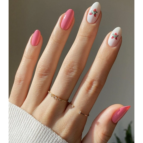 Sweet Strawberry Press On Nails Pink White Almond Shaped Glossy Artificial False Nails For Women Detachable Daily