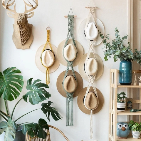 Macrame Hat Hanger Handmade Cotton Rope Wall Hanging Hat Storage Rack Bohemian Decor For Wide Brim Hats