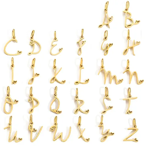 Cursive Alphabet Charm Stainless Steel Letter Pendant With Hollow Heart DIY Jewelry Making For Bracelet Necklace