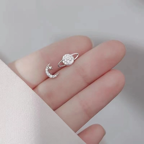 Boucles D'oreilles Asymétriques Étoile Lune Planète Avec Tige En Argent 925 Zirconium Incrusté À Vis