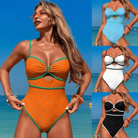 Einteiliger Badeanzug Für Damen Kontrastpaspel Lochstickerei Ausschnitt Schleife Strandmode Ärmellos Rückenfrei Sommer